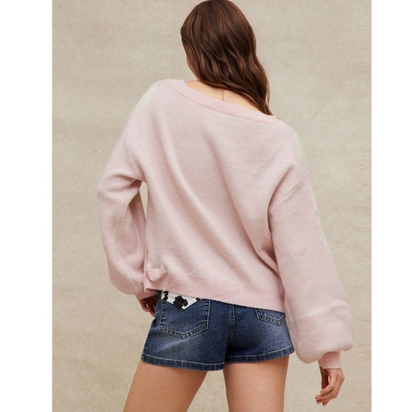 Roses Print Pink Knit Round Neck Long Sleeve Pullover Sweater Stretchy - Picture 5 of 7